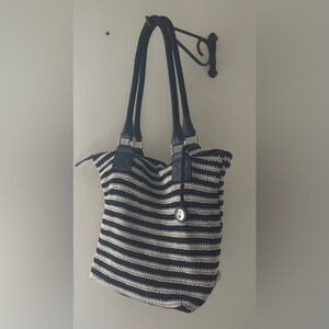 The Sak Crochet Navy Blue & Beige Striped Handbag